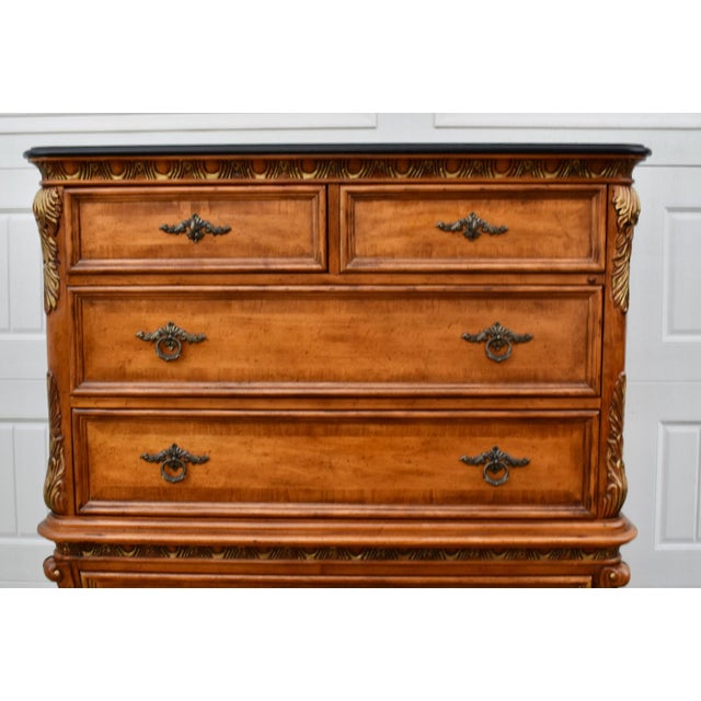 Legacy Carved Bombe Tall Chest French Style Pine Dresser W/Gold Details For Sale - Image 12 of 17