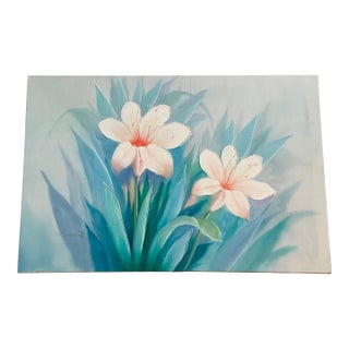 1970s White Lotus Oil on Canvas American Painting R Francis For Sale