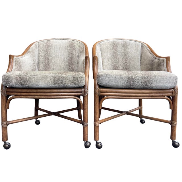 Contemporary McGuire San Francisco Rattan & Cane Toboggan Dining Armchairs on Casters - Pair For Sale - Image 3 of 12