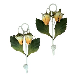 Vintage Italian Orange Double Tulip Tole Flower Hook Rack / Toleware Floral Wall / Coat / Robe Hook For Sale