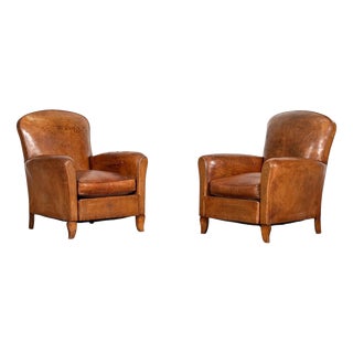 English Tan Leather Club Armchairs, 1920, Set of 2 For Sale