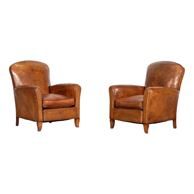 English Tan Leather Club Armchairs, 1920, Set of 2 For Sale