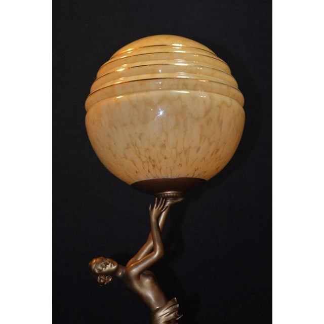 Art Deco French Bronze Dancer Table Lamp with Opaline Glass Globe, 1930s For Sale - Image 4 of 18