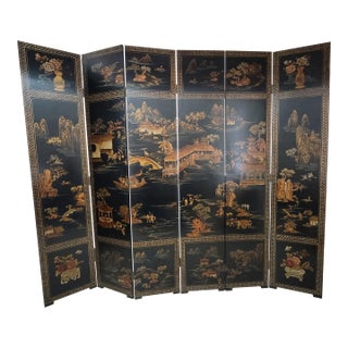 Early 20th Century Chinese Export Coromandel Six-Panel Folding Screen With Gilded and Hand Painted Chinese Daily Life For Sale