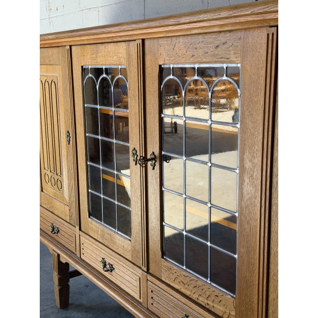 Brown Oak Sideboard Credenza With Leaded Glass Doors Four Drawers Mid-Century Modern 1960s For Sale - Image 8 of 11