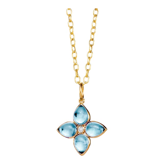 Syna Yellow Gold Blue Topaz Flower Pendant with Diamond For Sale