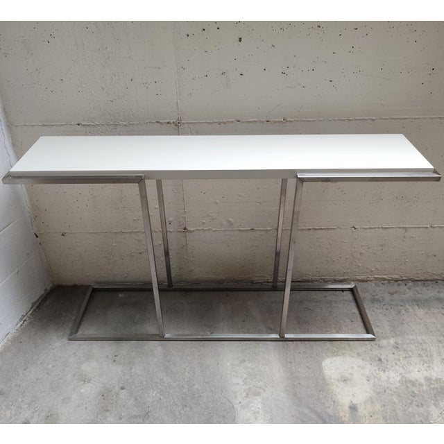 Satin-Finish Steel Console Table with Glossy Cream-White Shelf by Guy Lefèvre for Maison Jansen, 1980s For Sale - Image 10 of 10