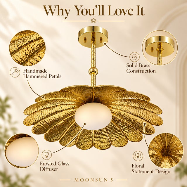 Handmade Brass Flower Chandelier, Hammered Floral Pendant Light, Art Deco Ceiling Fixture For Sale - Image 12 of 13