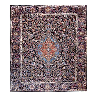 Vintage Khorassan Rug, Handwoven Floral Pattern, Navy & Turquoise, 10’ X 12’ For Sale