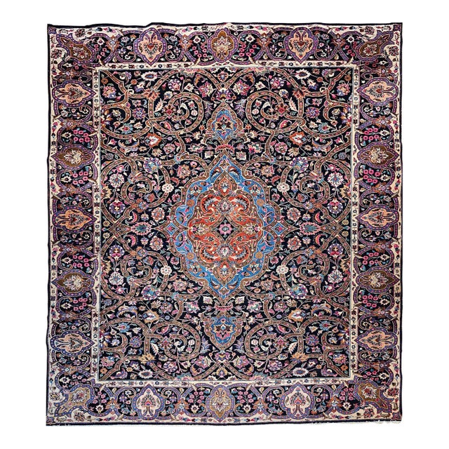 Vintage Persian Khorassan Rug, Handwoven Floral Pattern, Navy & Turquoise, 10’ X 12’ For Sale