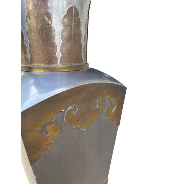 Dove Gray Vintage Chinoiserie Pewter and Brass Urn Table Lamp With Snakeskin Embossed Shade For Sale - Image 8 of 13