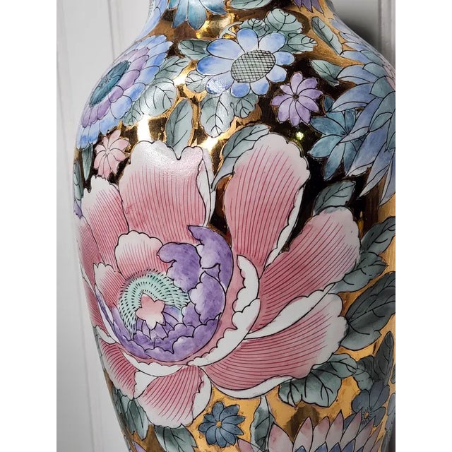Gold Vintage Chinoiserie Mille-Fleurs Gold Porcelain Table Lamp, Large 32” Statement Floral Lamp For Sale - Image 8 of 16