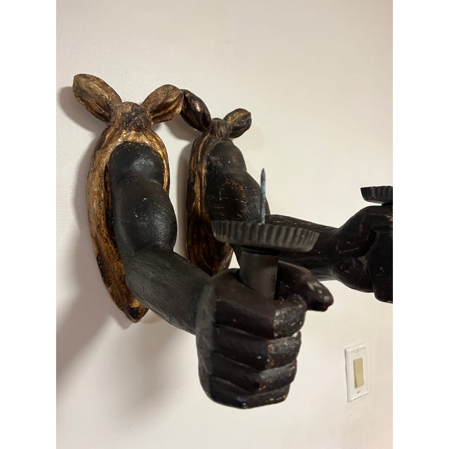 Antique Hand Carved Wooden Powerful Fists Wall Candle Sconces Salvaged Architecture For Sale - Image 11 of 18