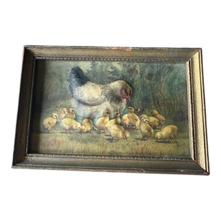 Small Vintage Art Raised Print Picture Hen and Chickens, Framed For Sale