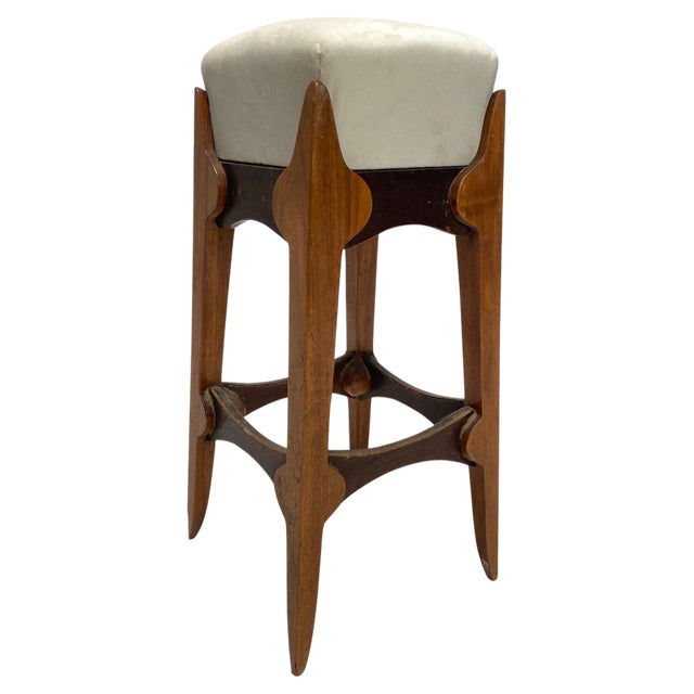 Mid-Century Italian Wooden Stool with Velvet Seat, 1950s For Sale
