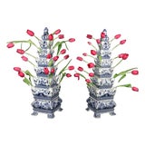 Monumental Flora: Pair of Vintage Blue & White Tulip Vase Pyramids For Sale
