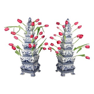 Monumental Flora: Pair of Vintage Blue & White Tulip Vase Pyramids For Sale