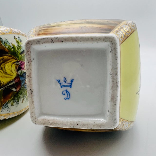 Large 19th Century Hand-Painted Yellow Ground Watteau Porcelain Vases from Dresden, Set of 2 For Sale - Image 13 of 14