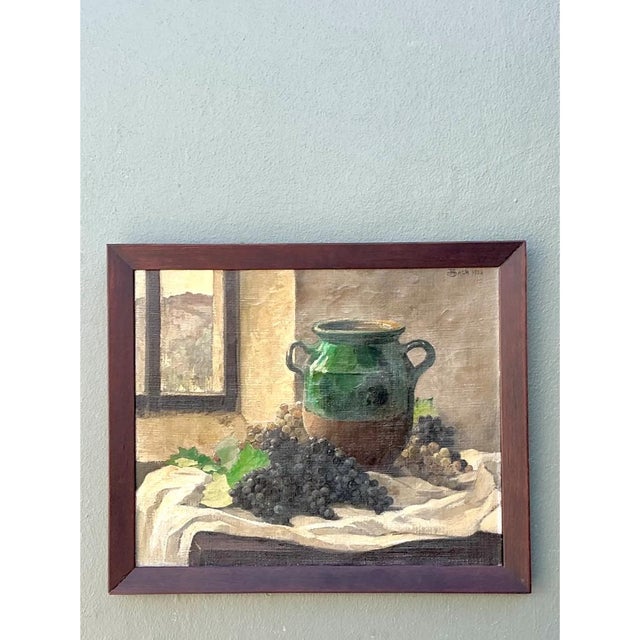 French Country Vintage 1928 Still Life With Green Jug Painting For Sale - Image 3 of 13