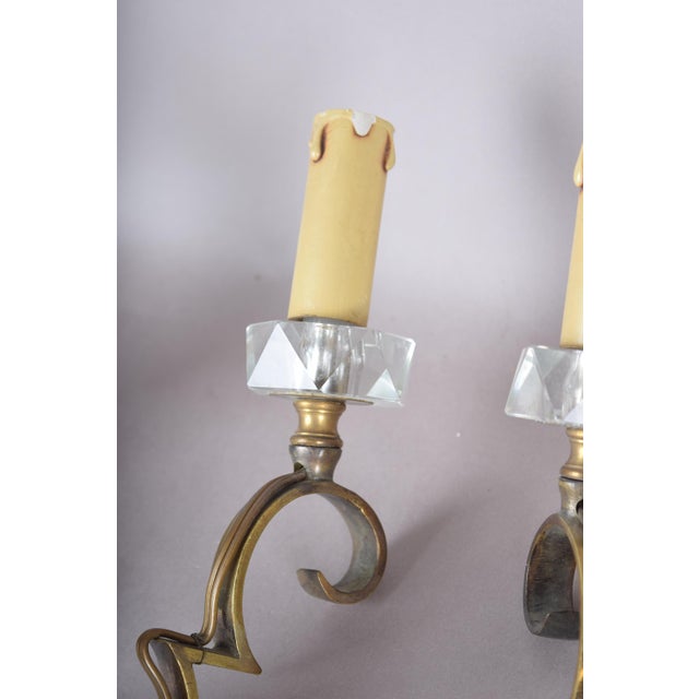 Metal Scrolled Brass Wall Sconces with Crystal Bobeches attributed to Jules Leleu, 1950s, Set of 2 For Sale - Image 7 of 11