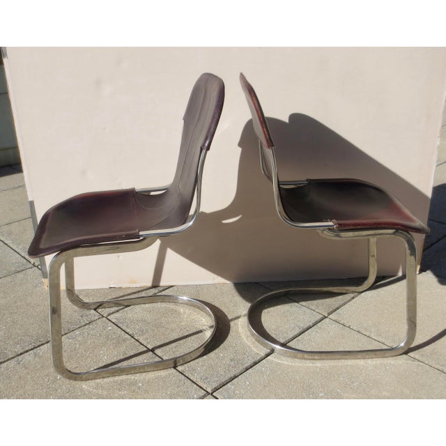 Mid 20th Century Pair of Willy Rizzo Chrome and Brown Leather Cantilever Chairs- Pair of 2 For Sale - Image 5 of 9