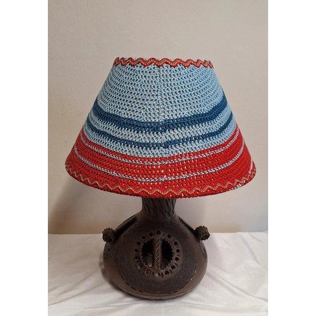 Vintage German Table Lamp with an Internally Lit Brown Ceramic Base and Handmade Fabric Shade from Lamplove, 1970s For Sale - Image 4 of 10