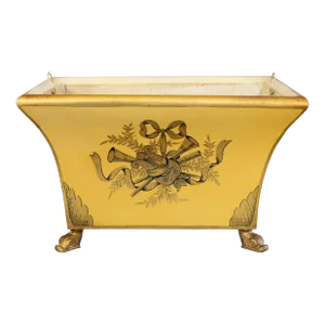 Antique French Mustard Yellow Tole Footed Jardiniere Cachepot With Original Liner
