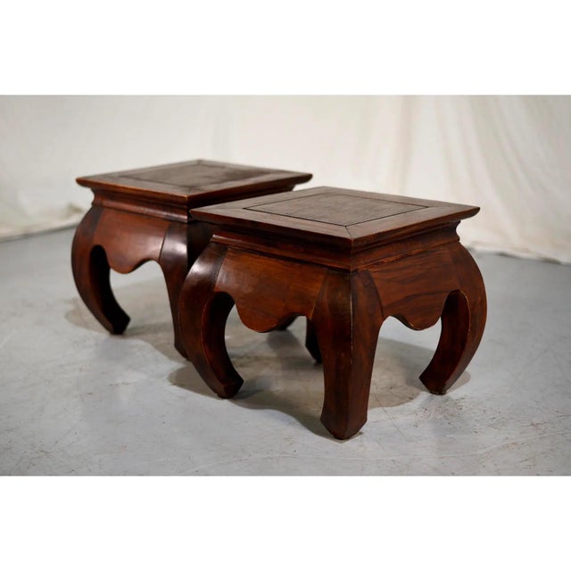 Mid 20th Century Vintage Chinoiserie Hardwood Low Stools Tables - A Pair For Sale - Image 5 of 5