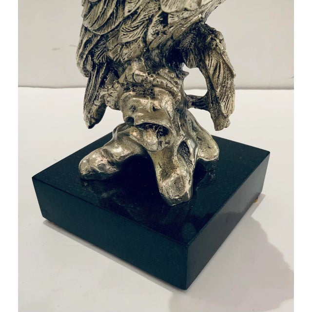 Stylish Modern Silvered Bronze Cockatoo Sculptures Pair, black stone bases, showroom floor samples