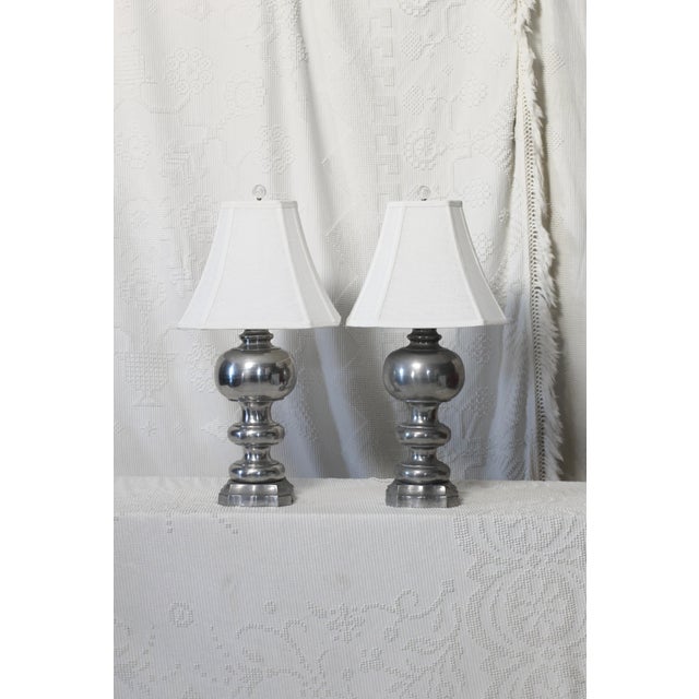 Pair of 1950s Regency Table Lamps in Pewter With White Lampshades For Sale - Image 9 of 10
