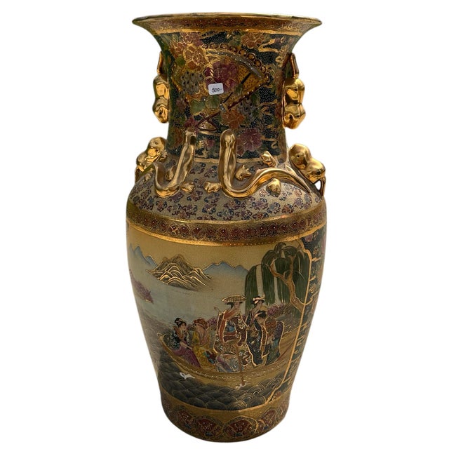 Japanese Vintage Royal Satsuma-Style Hand-Painted Porcelain Floor Vase With Gilt Dragon Handles For Sale - Image 3 of 12