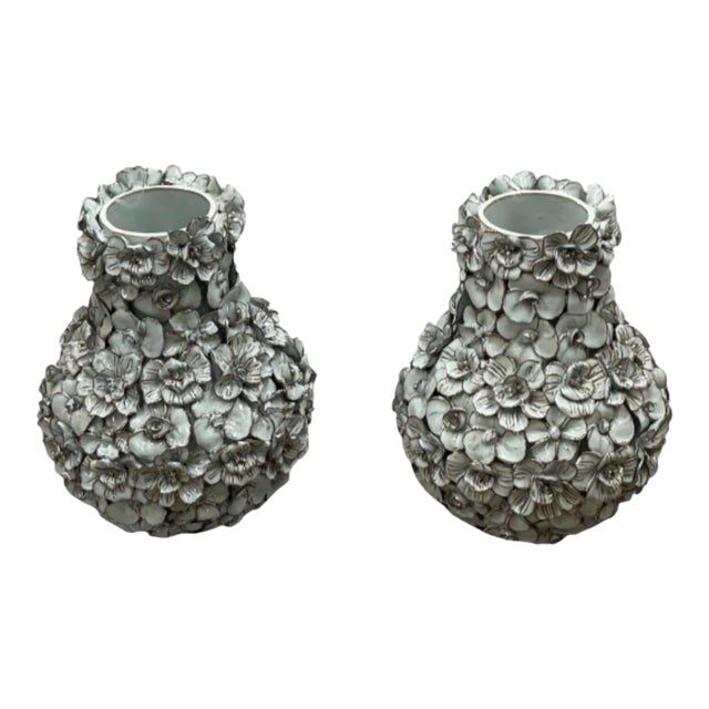 Pair of Vintage Italian Hand-Sculpted Floral Encrusted Ceramic Vases For Sale