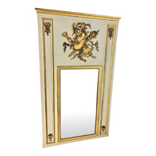 Monumental French Louis XVI Style Painted & Gilt Trumeau Mirror With Musical Trophy Crest For Sale