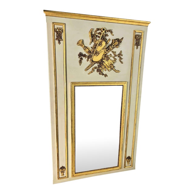 Monumental Newel French Louis XVI Style Painted & Gilt Trumeau Mirror With Musical Trophy Crest For Sale
