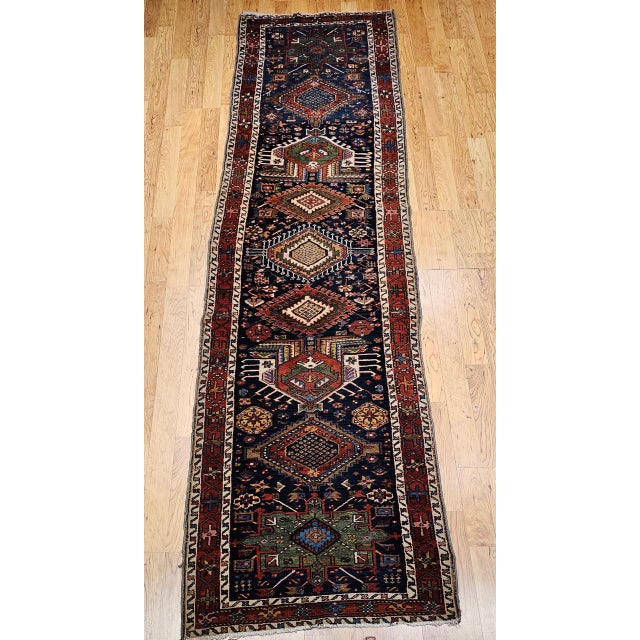 Navy Blue Vintage Persian Heriz Serapi Runner Rug, Hand-Knotted Wool, Geometric Medallion Pattern, Navy, 3x12 For Sale - Image 8 of 16