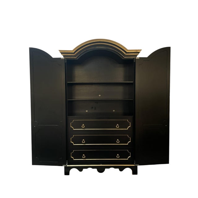 Hand painted in Antiqued Black with 22 Gold detailing Features: -Gilt metal pulls -2 adjustable shelves -3 drawers on...