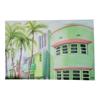 Palm Trees and Deco South Beach Miami Painting by Cynthia Geyer For Sale