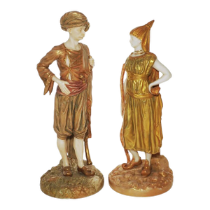 Antique Royal Worcester Indian Bringaree Porcelain Figurines - a Pair