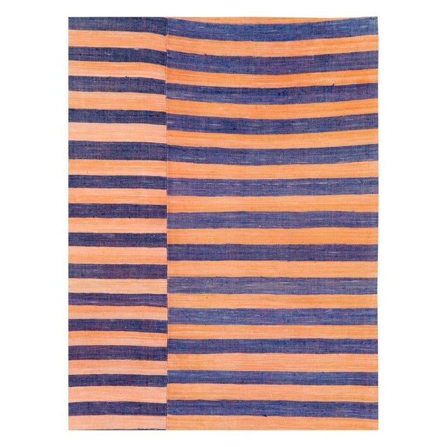 Galerie Shabab Mid-20th Century Abstract Turkish Handmade Striped Flat-Weave in Persimmon Coral, Blue For Sale - Image 4 of 10