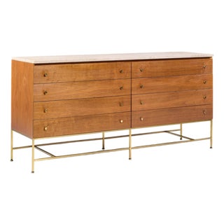 Paul McCobb for Calvin Irwin Collection Mid Century Mahogany, Brass and Travertine Double Dresser For Sale