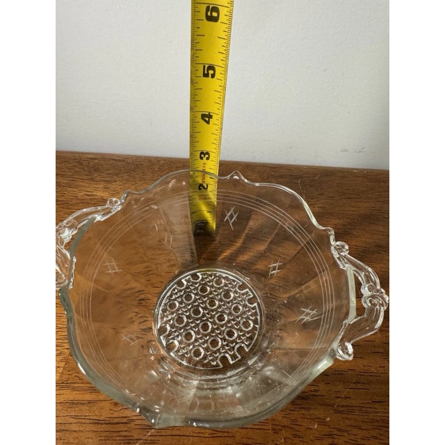 Vintage Clear Pressed Glass Serving Bowl Handles Etched Floral Console Dish For Sale - Image 9 of 11
