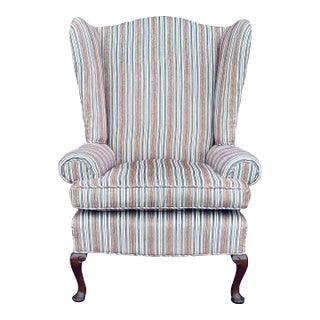 Reupholstered Striped Wing Chair With Feather Cushion For Sale