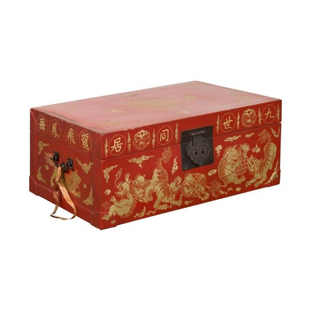 Red Chinese Red Lacquered Blanket Chest with Gilt Motifs & Guardian Lions For Sale - Image 8 of 12