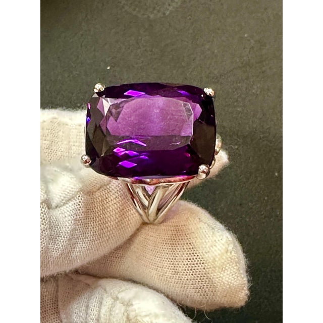 Huge 38 Carat Cushion Cut Natural Amethyst Cocktail Ring in Platinum 23.8 Gm For Sale - Image 14 of 18