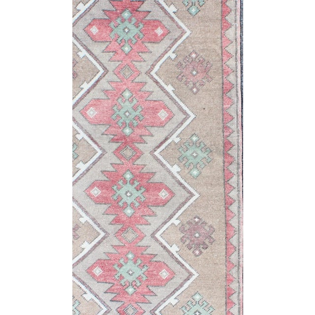 Mid 20th Century Mid 20th Century Turkish Tulu Runner With Geometric Medallions in Vivid Coral Tan and Mint Green For Sale - Image 4 of 6