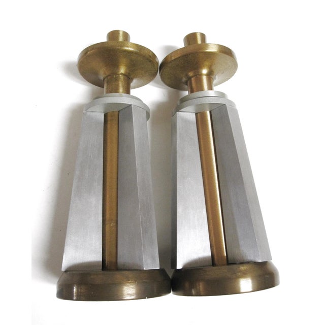 Vintage Machine Age Mid-Century Aluminum and Brass Candle Holders- a Pair For Sale - Image 9 of 10