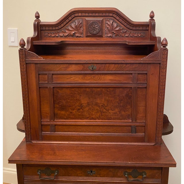 Late 19th Century Antique Victorian Art Nouveau Carved Walnut Secretary Desk, Late 19th Century For Sale - Image 5 of 8
