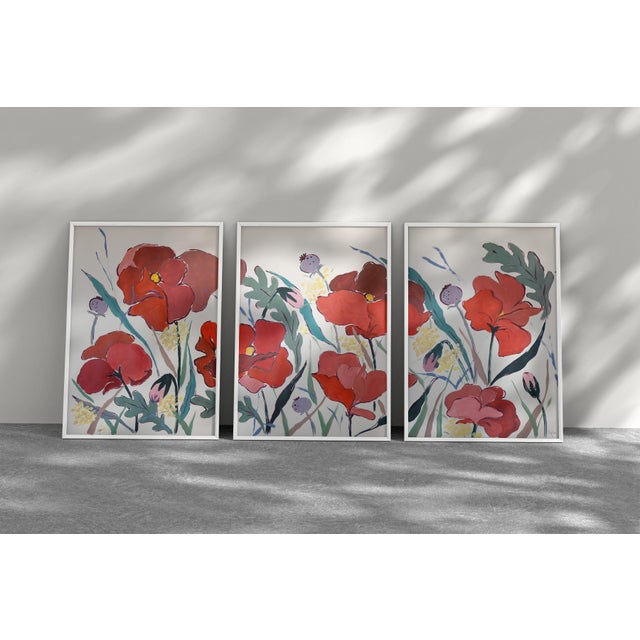 2025, Illustration Style, Original Painting, Large Triptych Landscape, French Prairie, Poppies and Wildflowers, Acrylic Paint on Watercolor Paper For Sale - Image 9 of 11