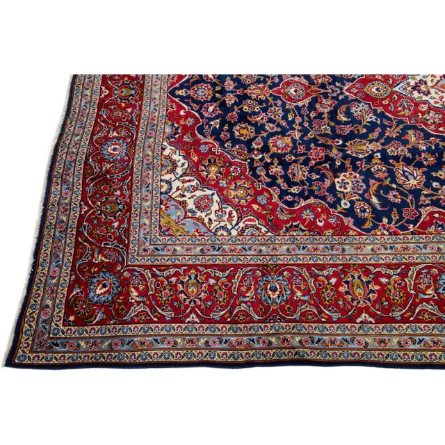 1930s Antique Persian Kashan Handmade Allover Floral Blue Wool Rug For Sale - Image 4 of 7