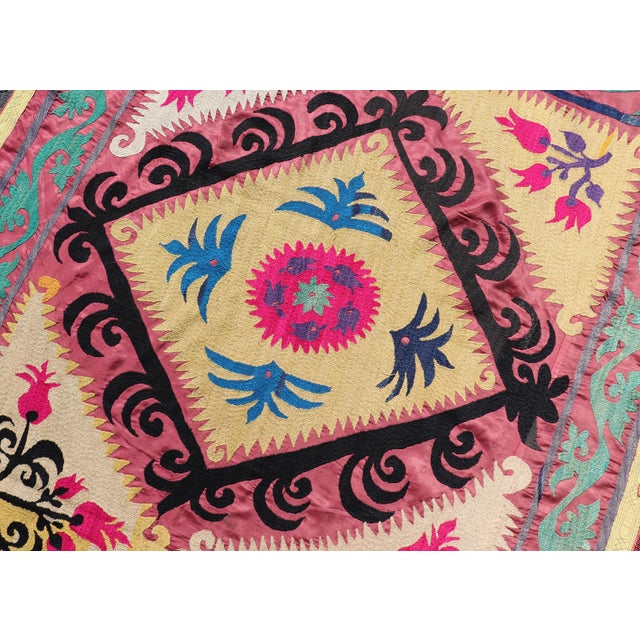 Antique Uzbekistan Suzani Textile With Colorful Geometric Medallion Design For Sale In Atlanta - Image 6 of 15